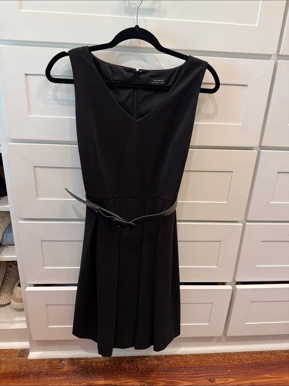 Tahari Black Sleeveless V-Neck Fit-and-Flare Dress with Belt